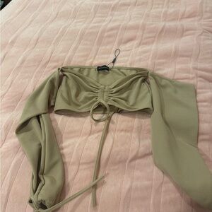 PrettyLittleThing Tan Off-Shoulder Crop Top